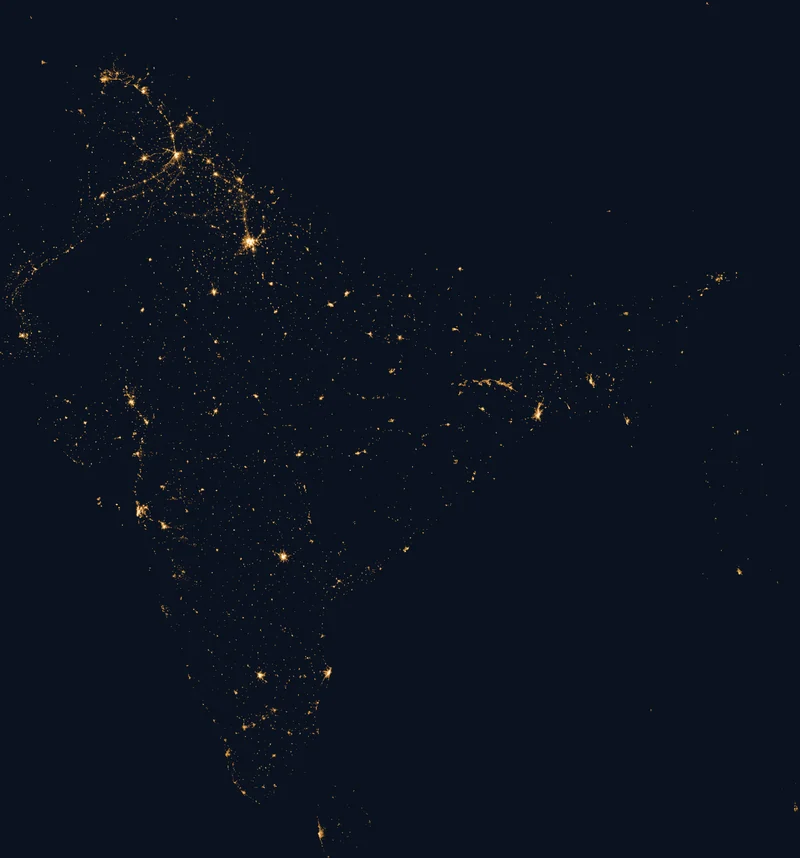 Satellite night lights over India in 1992: scattered points of light, mostly dark