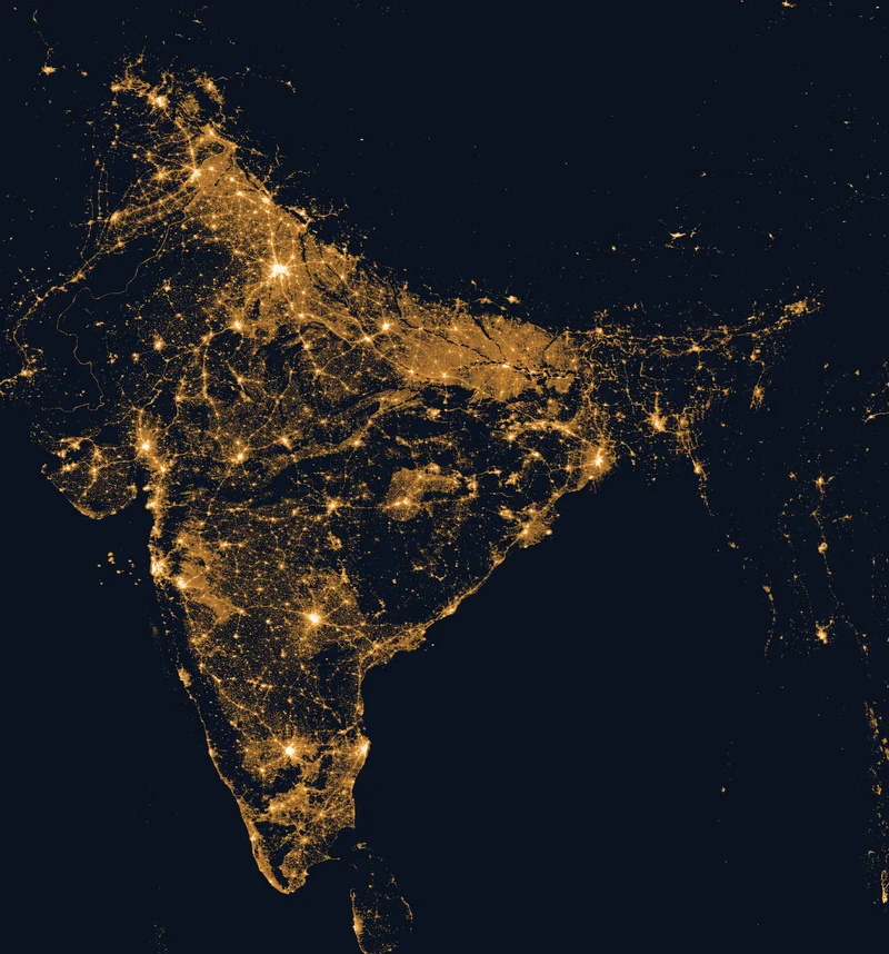 Satellite night lights over India in 2023: cities and highways lit across the country