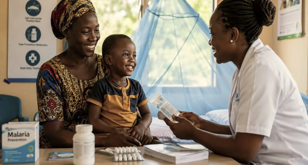 Healthcare worker with a woman and child